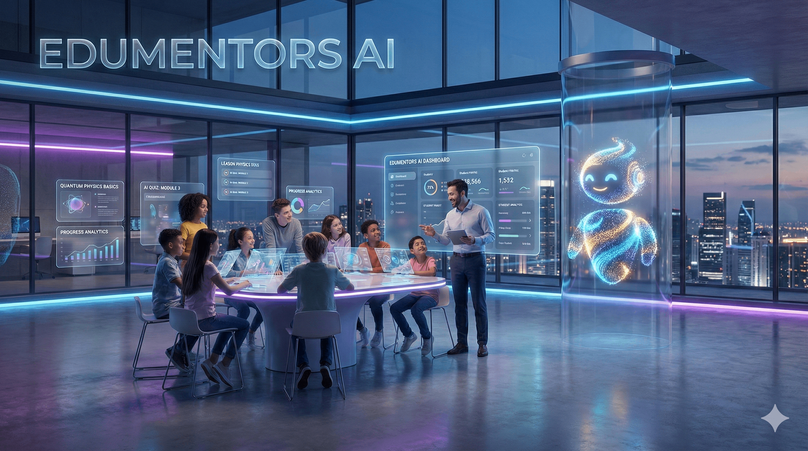 Students and a teacher in a futuristic AI-powered classroom with interactive holographic displays and a glowing AI robot assistant.